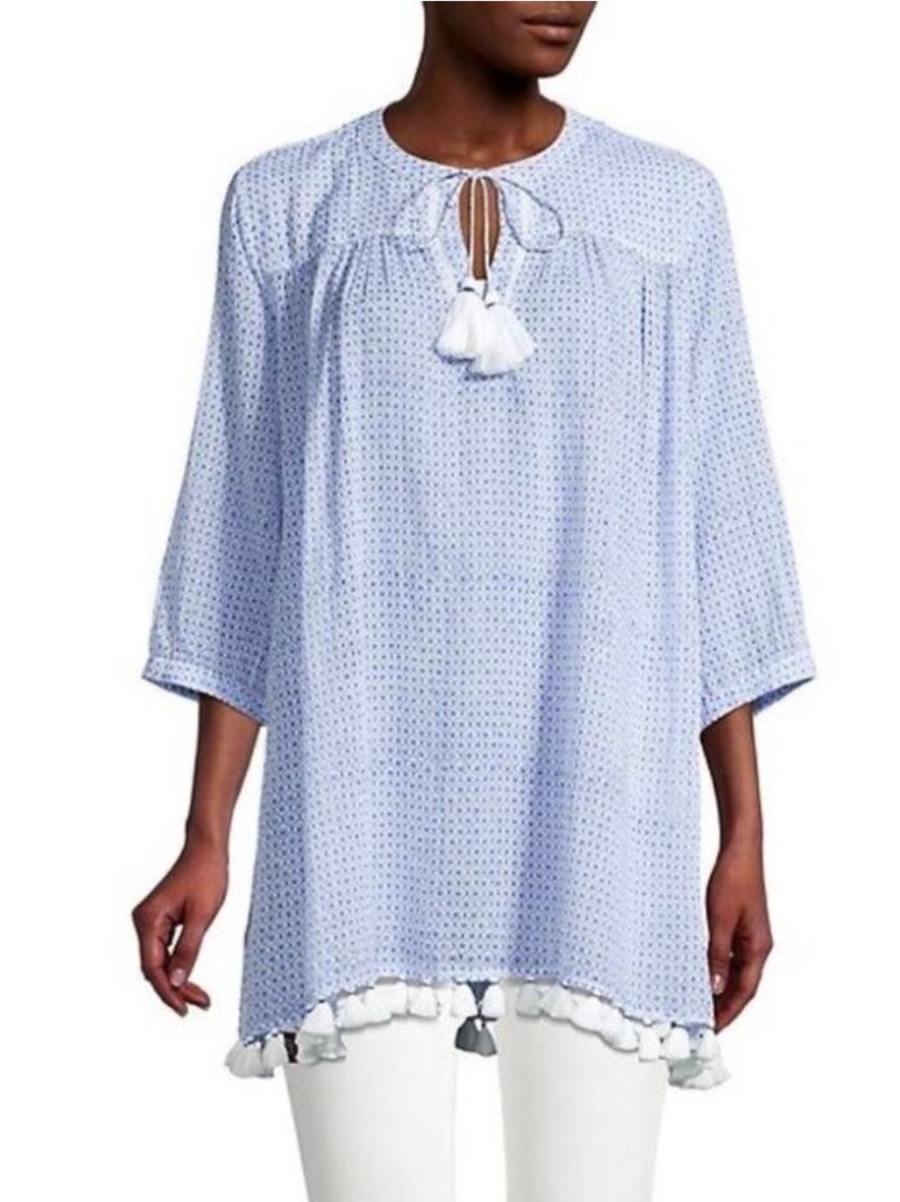 Roller Rabbit Serafina Tunic Blue White Cover-Up Tunic with Tassels Size XL